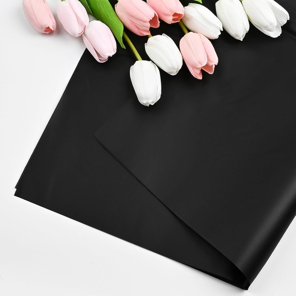 The Florist Supply - กระดาษห่อดอกไม้เกาหลีแบบโปร่งแสงกันน้ำ 20 แผ่น ลายดอกไม้สีดำ สำหรับห่อของขวัญ ช่อดอกไม้