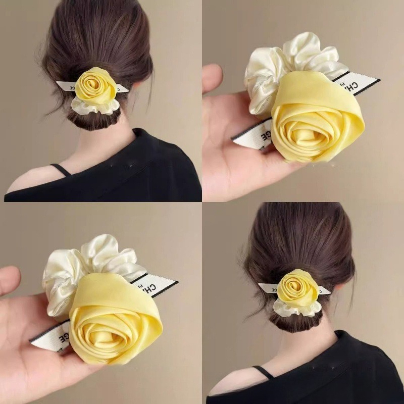 Ribbon Wired Satin - ที่คาดผมผ้าซาตินรูปดอกกุหลาบ ประดับริบบิ้นตัวอักษร ยางรัดผมผ้าไหม สำหรับผู้หญิง เครื่องประดับผมสุดหรู